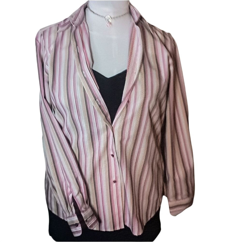 Foxcroft‎ Long Sleeved pink and brown pin striped Button Up Blouse SKUW075